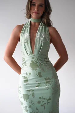 Tara Floral Jacquard Maxi Dress | Light Green