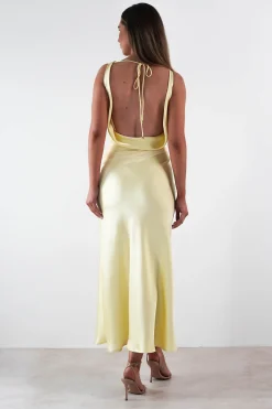 Thea Mesh Midriff Soft Satin Maxi Dress | Yellow