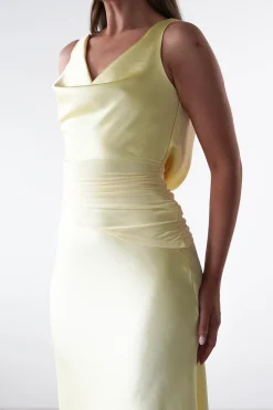 Thea Mesh Midriff Soft Satin Maxi Dress | Yellow