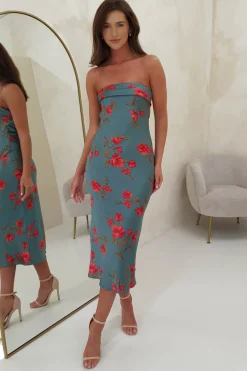 Valencia Floral Print Strapless Midi Dress | Teal Print