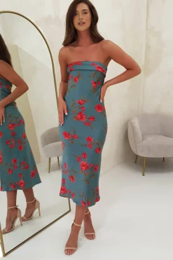 Valencia Floral Print Strapless Midi Dress | Teal Print
