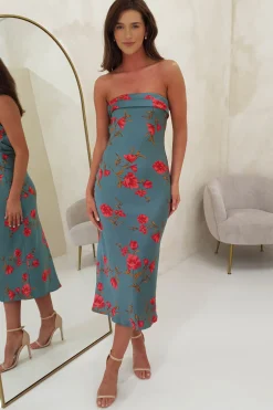 Valencia Floral Print Strapless Midi Dress | Teal Print